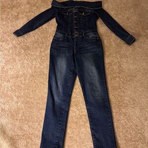 VENUS Dark Blue Off-Shoulder Denim Jumpsuit